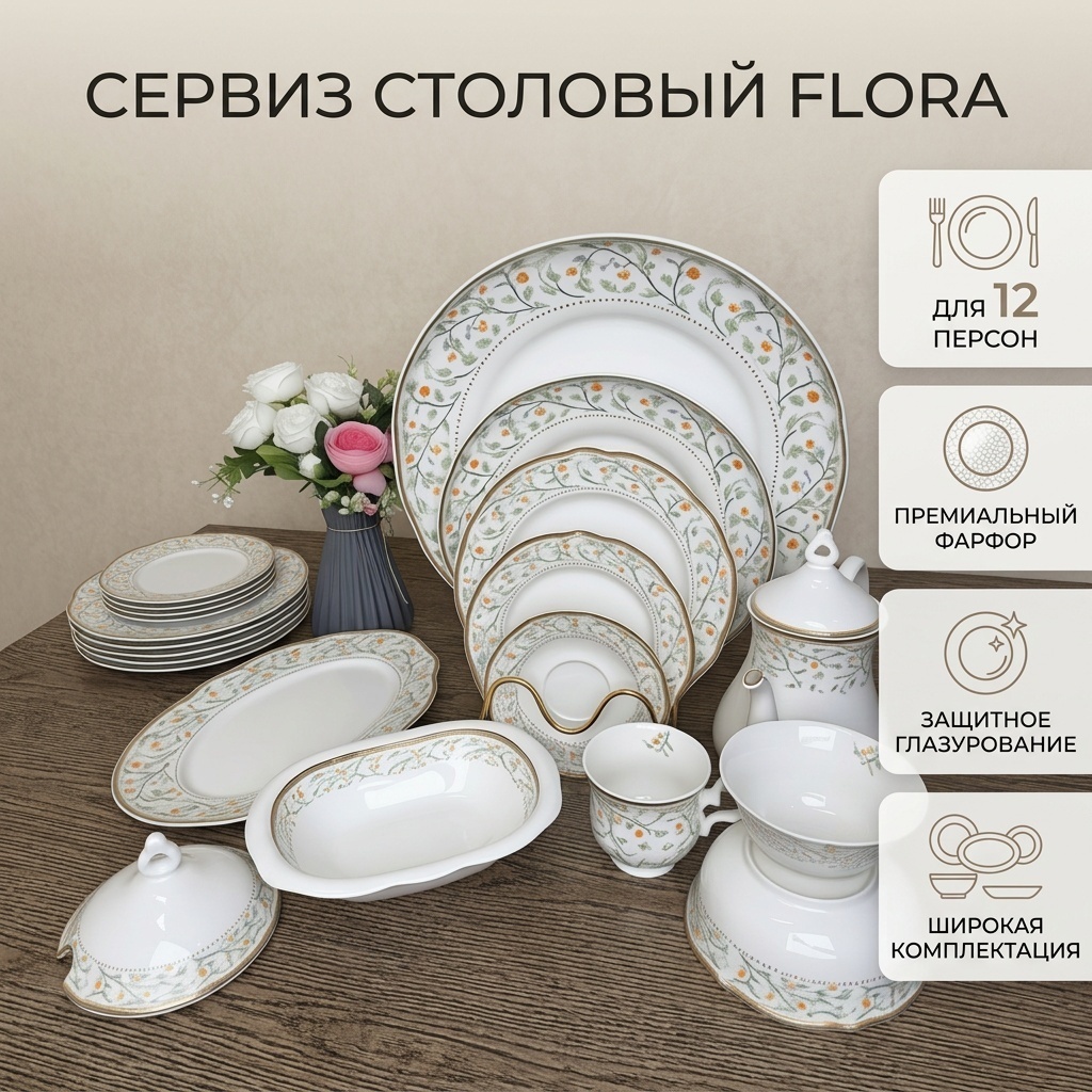Сервиз на 12 персон Flora, предметов: 50, столовый, фарфор