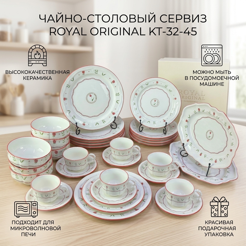 Сервиз на 6 персон Royal Original Весенние тюльпаны, предметов: 32, чайно-столовый, керамика
