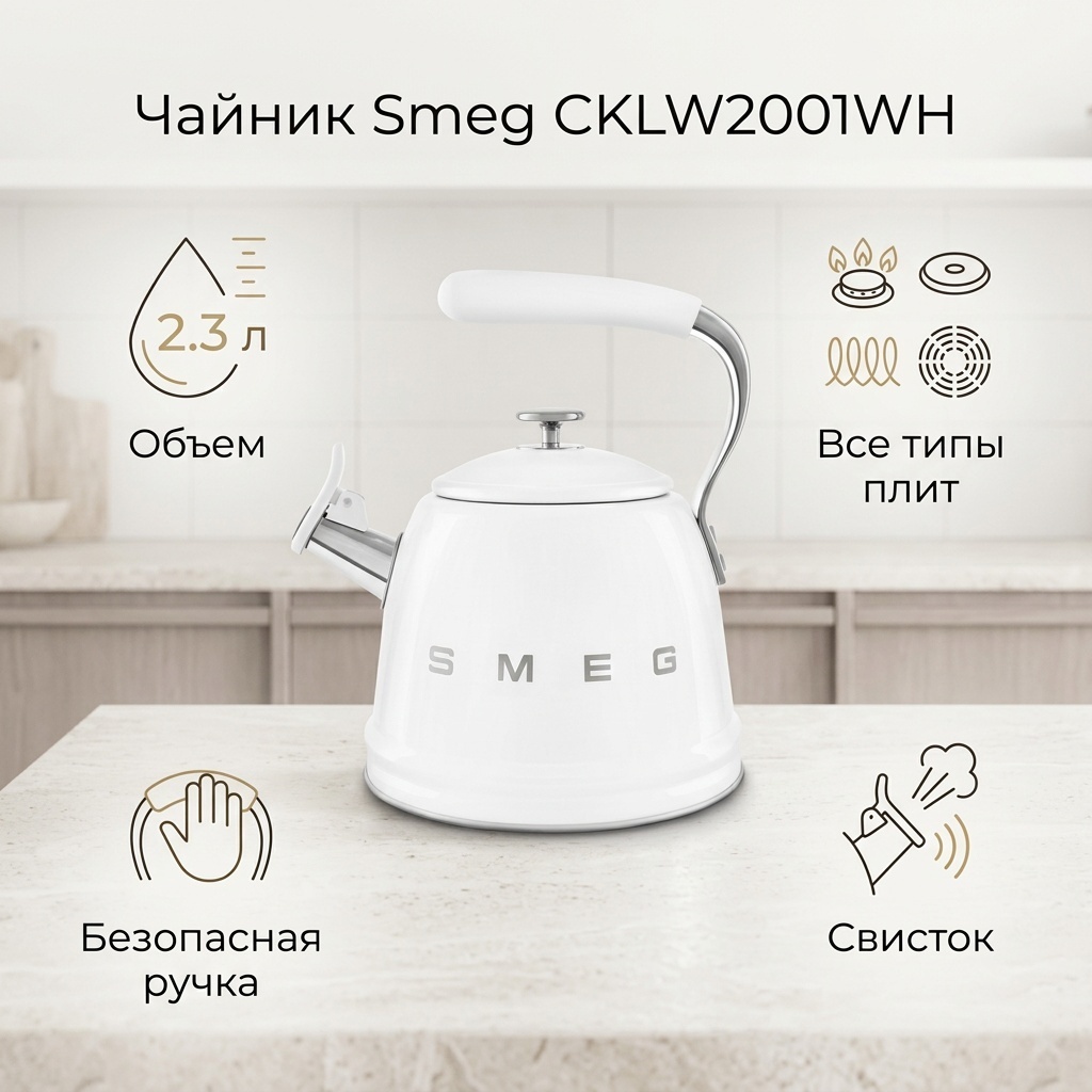 Smeg чайник CKLW2001WH 2.3 л, алюминий, нержавеющая сталь