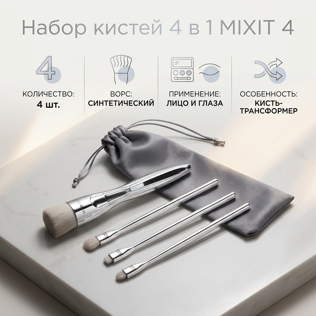 Набор кистей для макияжа 4 в 1, серебряный MIXIT 4