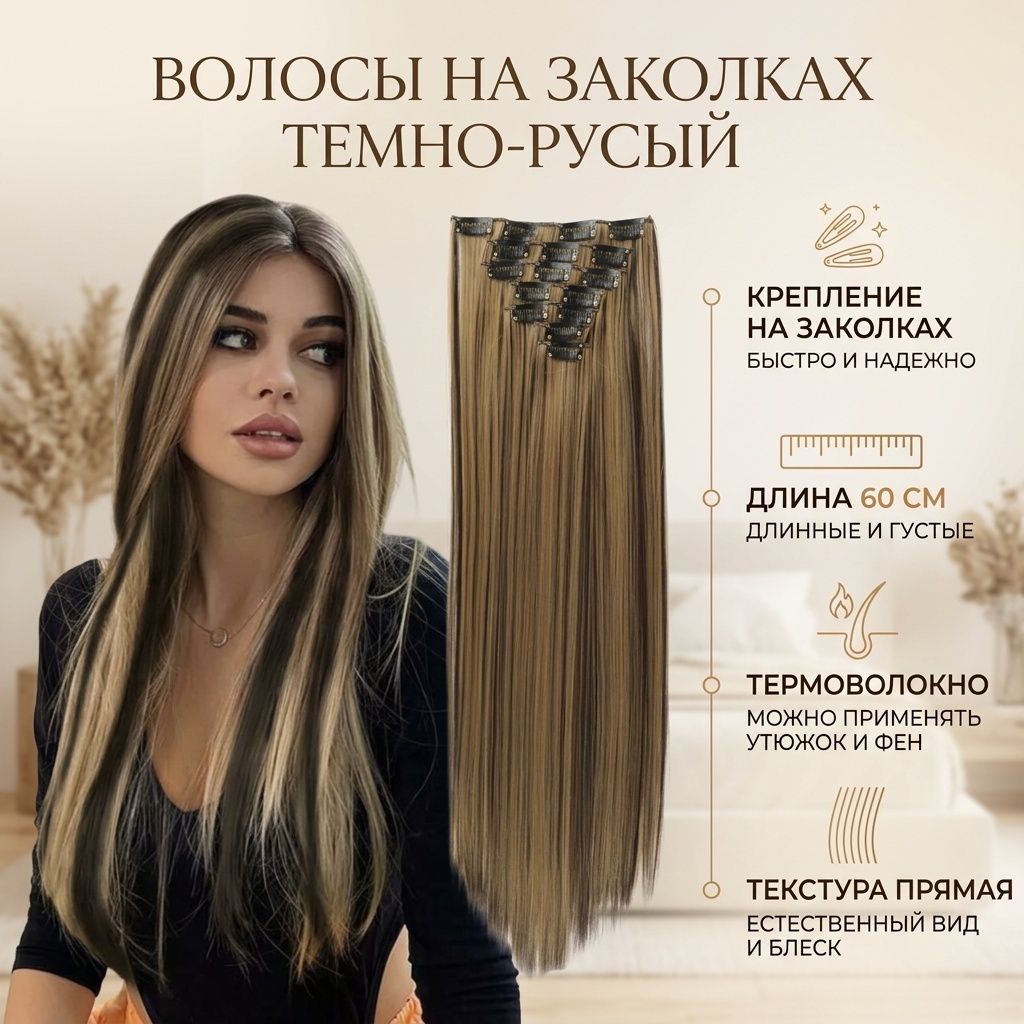 Волос для наращивания на заколке темно-русый женский