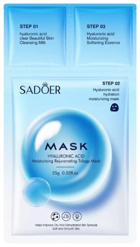 Маска для лица SADOER тканевая Hyaluronic Acid Moisturizing Three-Step Facial Mask Увлажняющая трехступенчатая маска для лица с гиалуроновой кислотой 1 шт