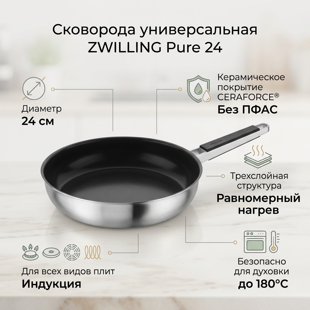 Сковорода ZWILLING Pure 24 см с антипригарным покрытием, сталь