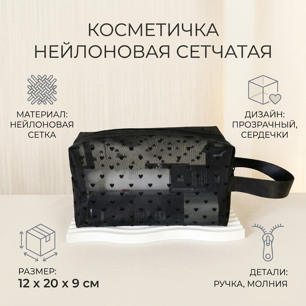 Косметичка нейлон черный 12X20 см