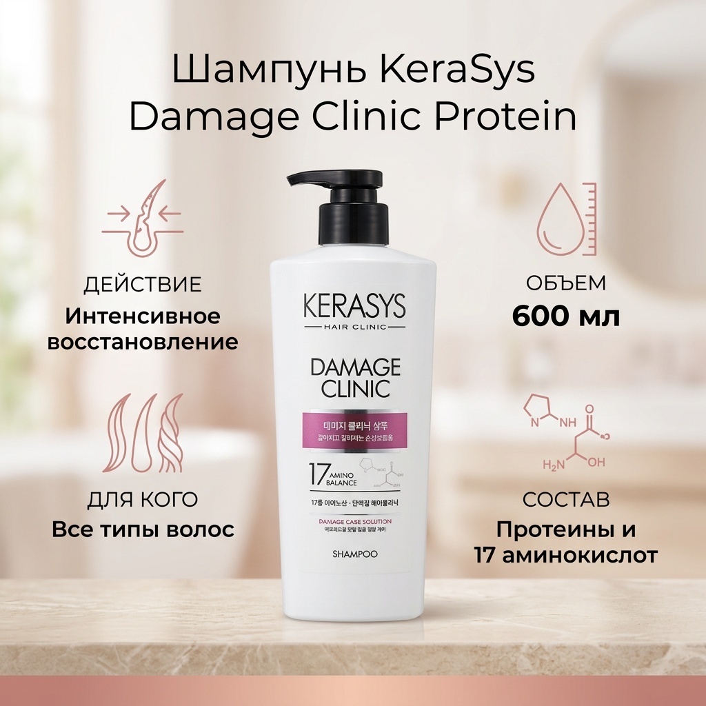 KeraSys Damage clinic protein shampoo шампунь 600 мл
