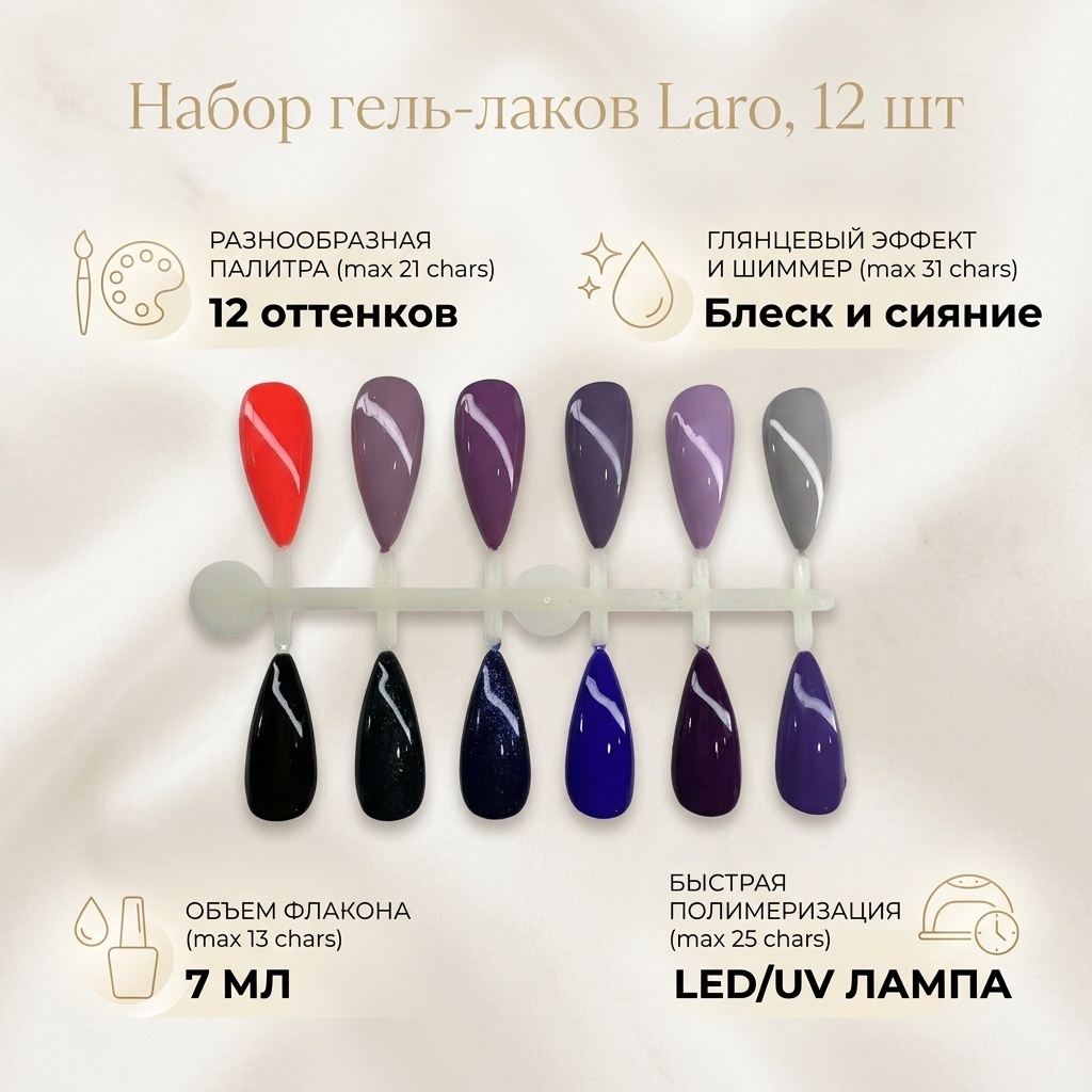 Laro гель-лак Набор гель лаков 12шт Неоновый оранжевый,малиновый,синий,сиреневыйсерый,темно синий и зелёный с шиммером глянцевое 7 мл