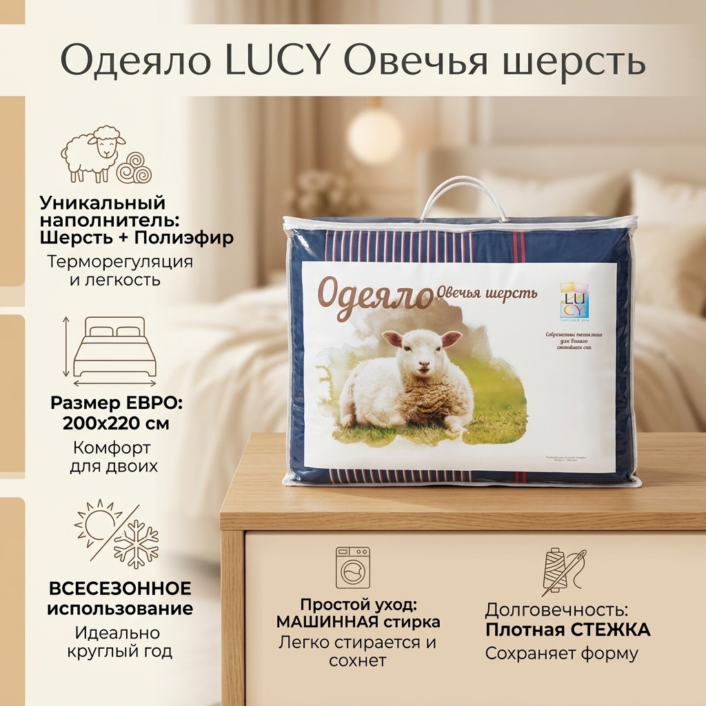 Одеяло LUCY Овечья шерсть 200x220 всесезонное