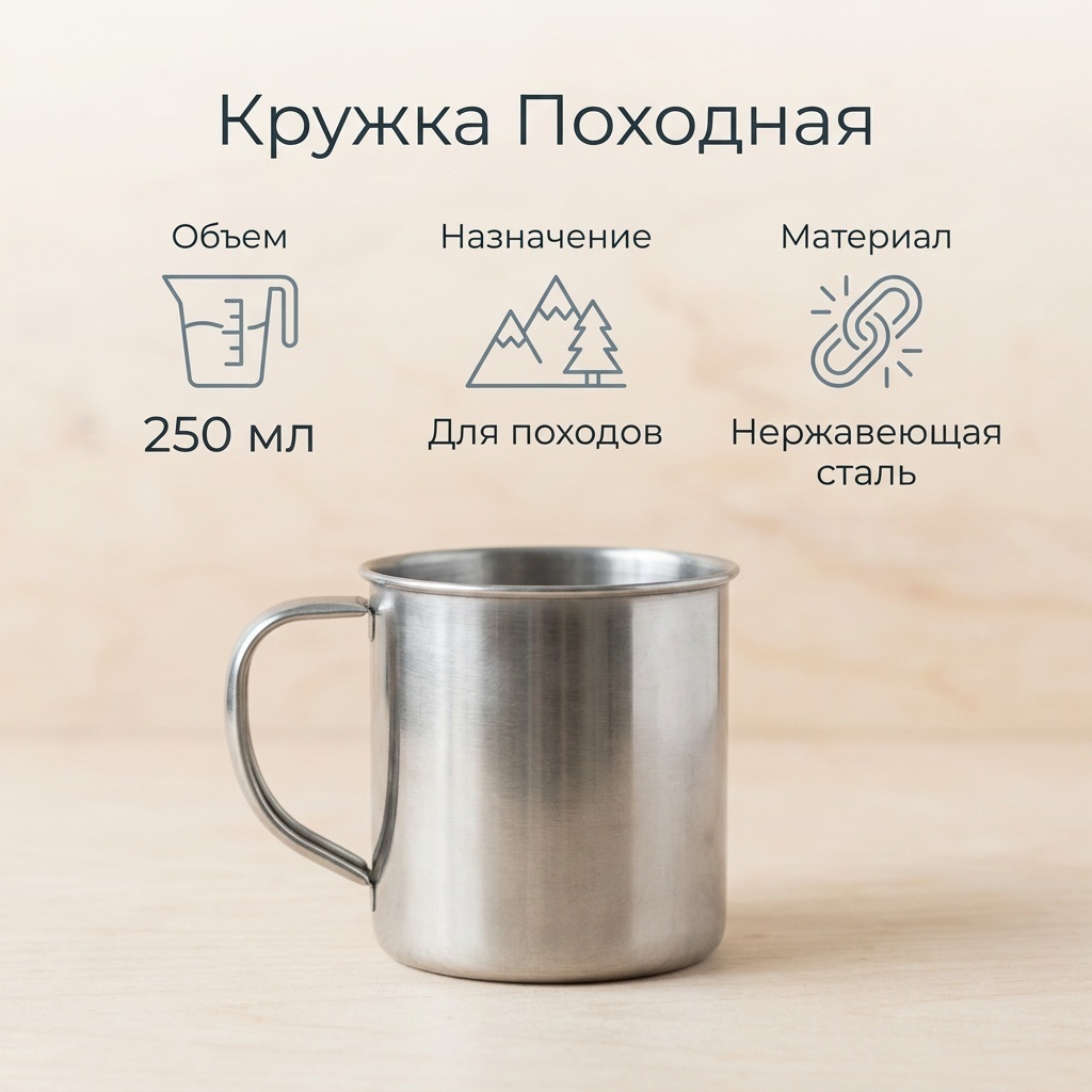 Кружка , 250 мл, нержавеющая сталь, 1 шт.