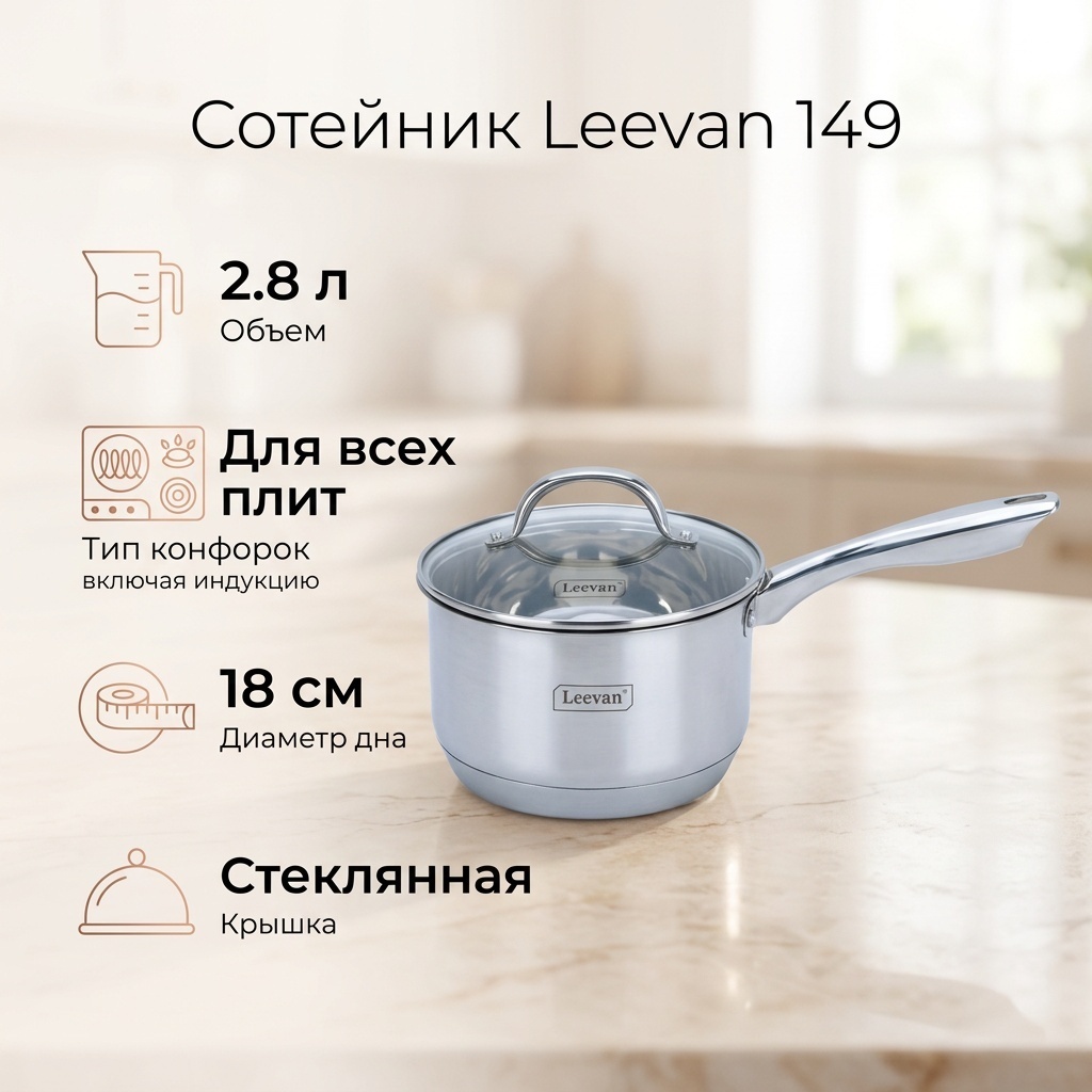 Сотейник 2.8 л, Leevan 149 нержавеющая сталь