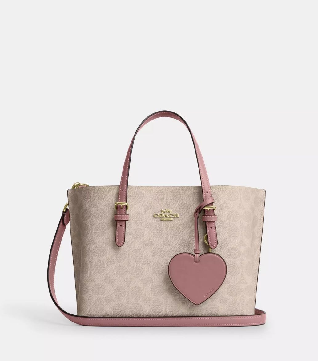 Сумка тоут Coach натуральная кожа, канвас бежевый, розовый