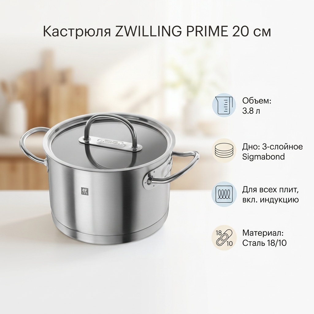 Кастрюля 3.8 л, ZWILLING PRIME 20 см сталь