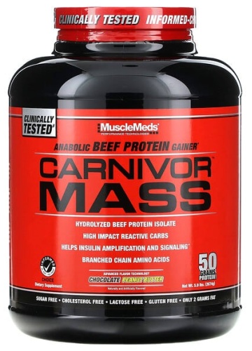MuscleMeds Carnivor Mass, анаболический гейнер с говяжьим протеином шоколад и арахисовое масло 2674 г