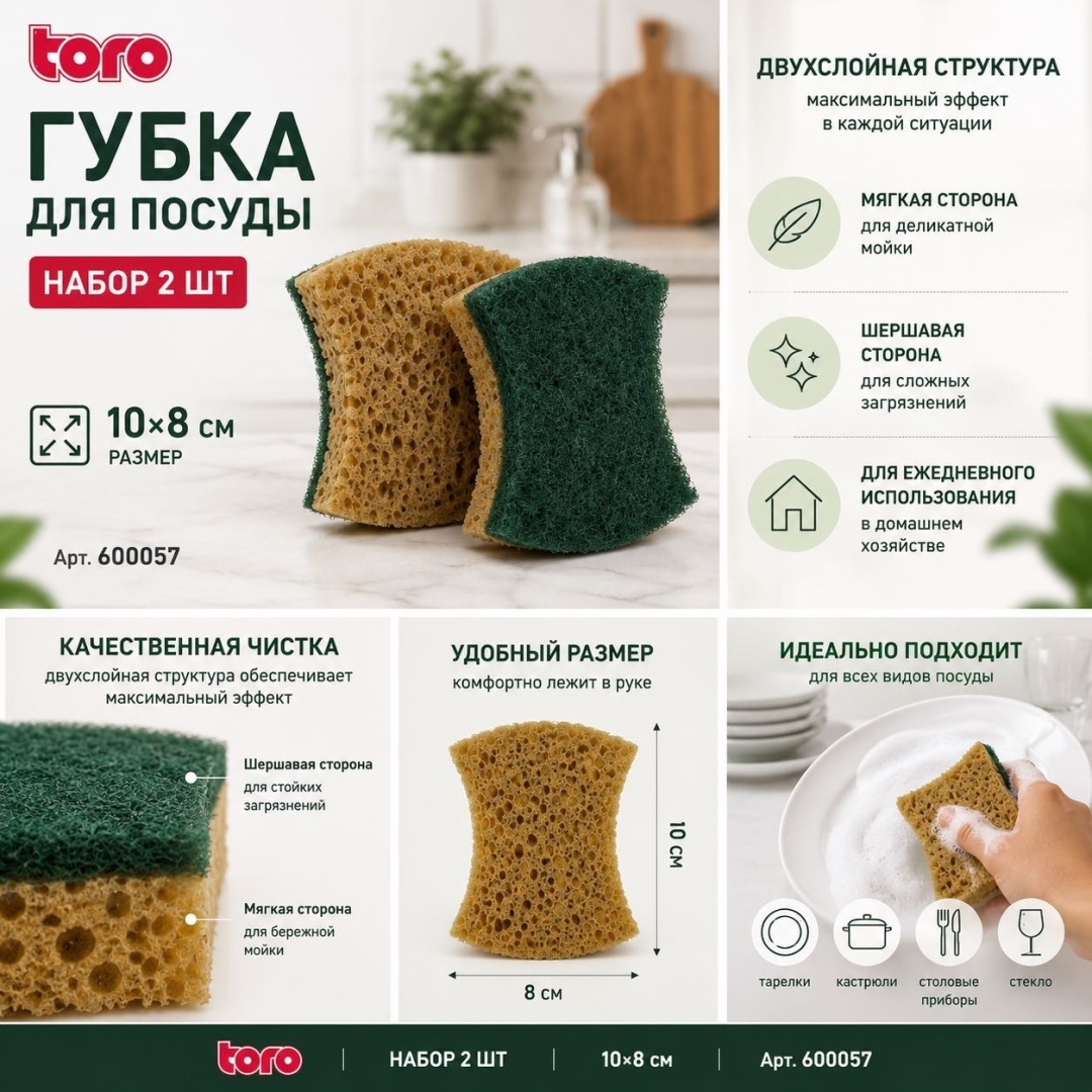 Губка для посуды, универсальная Toro 600057 2 шт, меламин, поролон