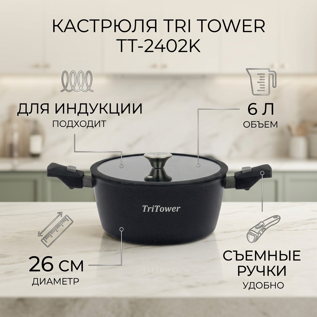 Кастрюля 6 л, TriTower TT-2402K алюминий
