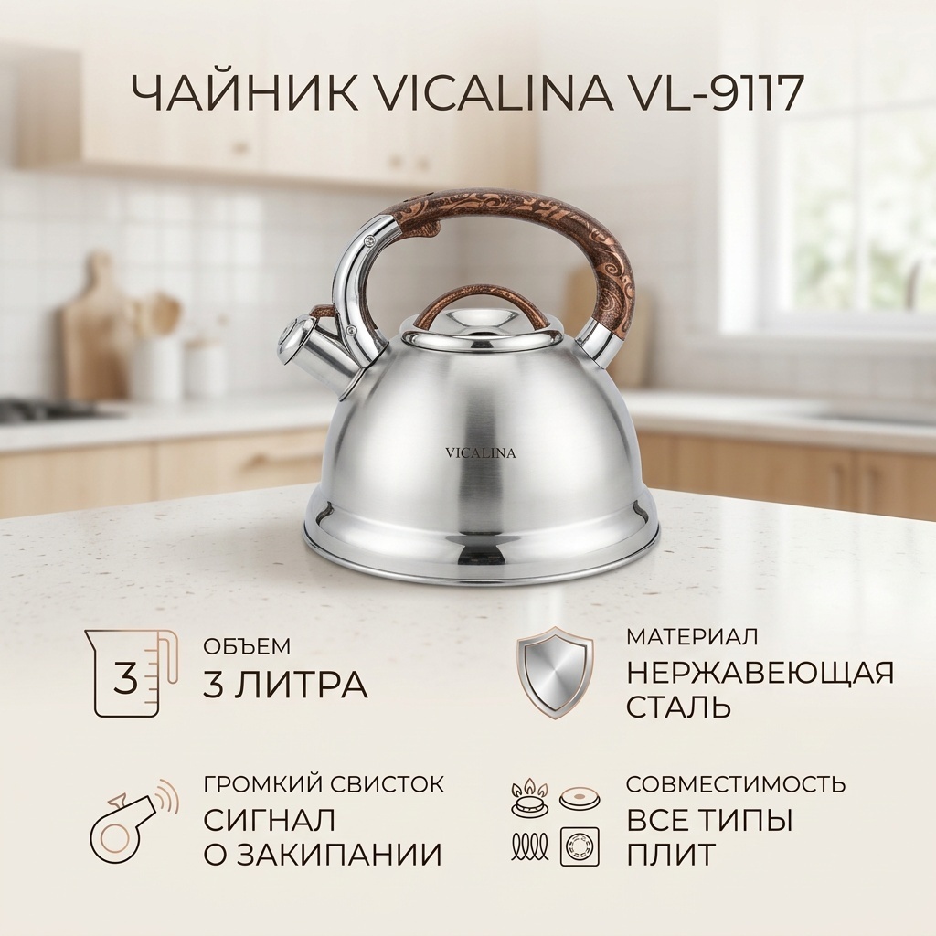 Vicalina чайник VL-9117 3 л, нержавеющая сталь