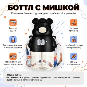 Бутылка 0.62 л черный, крышка с кнопкой, пластик, силикон