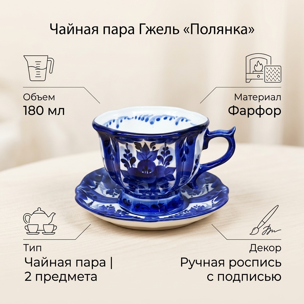 Чайная пара Гжель «Полянка», 180 мл, фарфор, 1 шт.