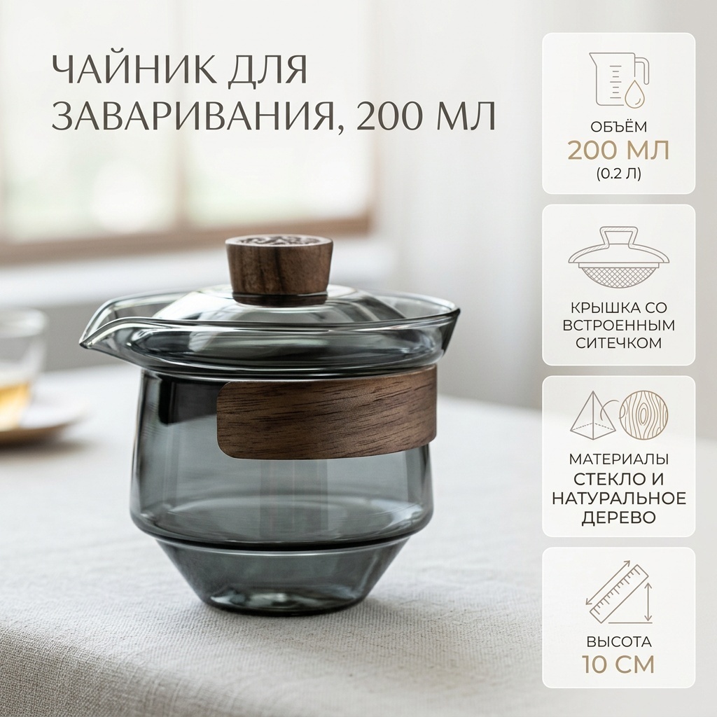 Чайник 181275888 0.2 л, дерево, стекло
