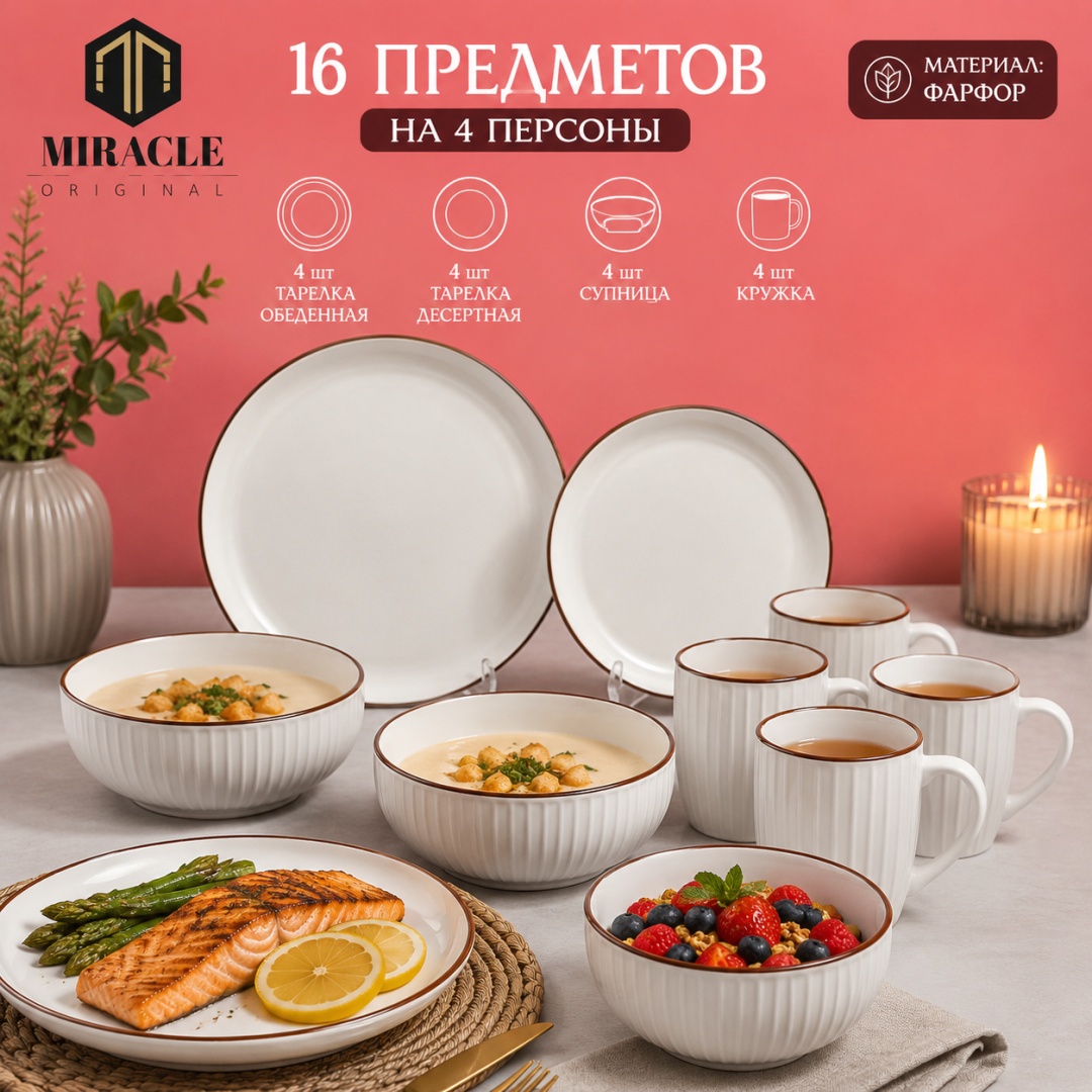 Сервиз на 4 персоны MIRACLE Minimal home, предметов: 16, чайно-столовый, керамика
