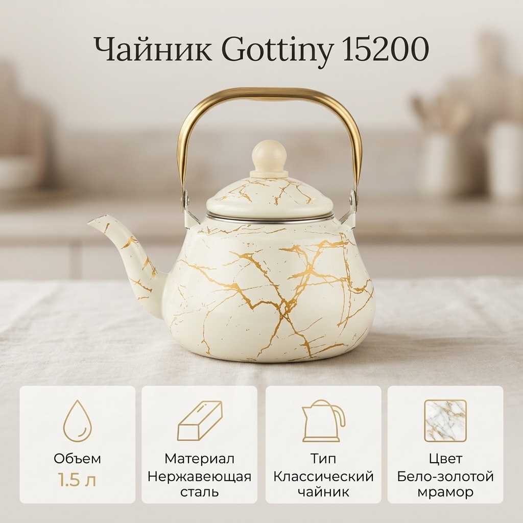 Gottiny чайник 15200 1.5 л, нержавеющая сталь