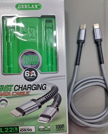 Кабель GERLAX USB TypeC (M), Lightning (M), 1 м, L22W серый