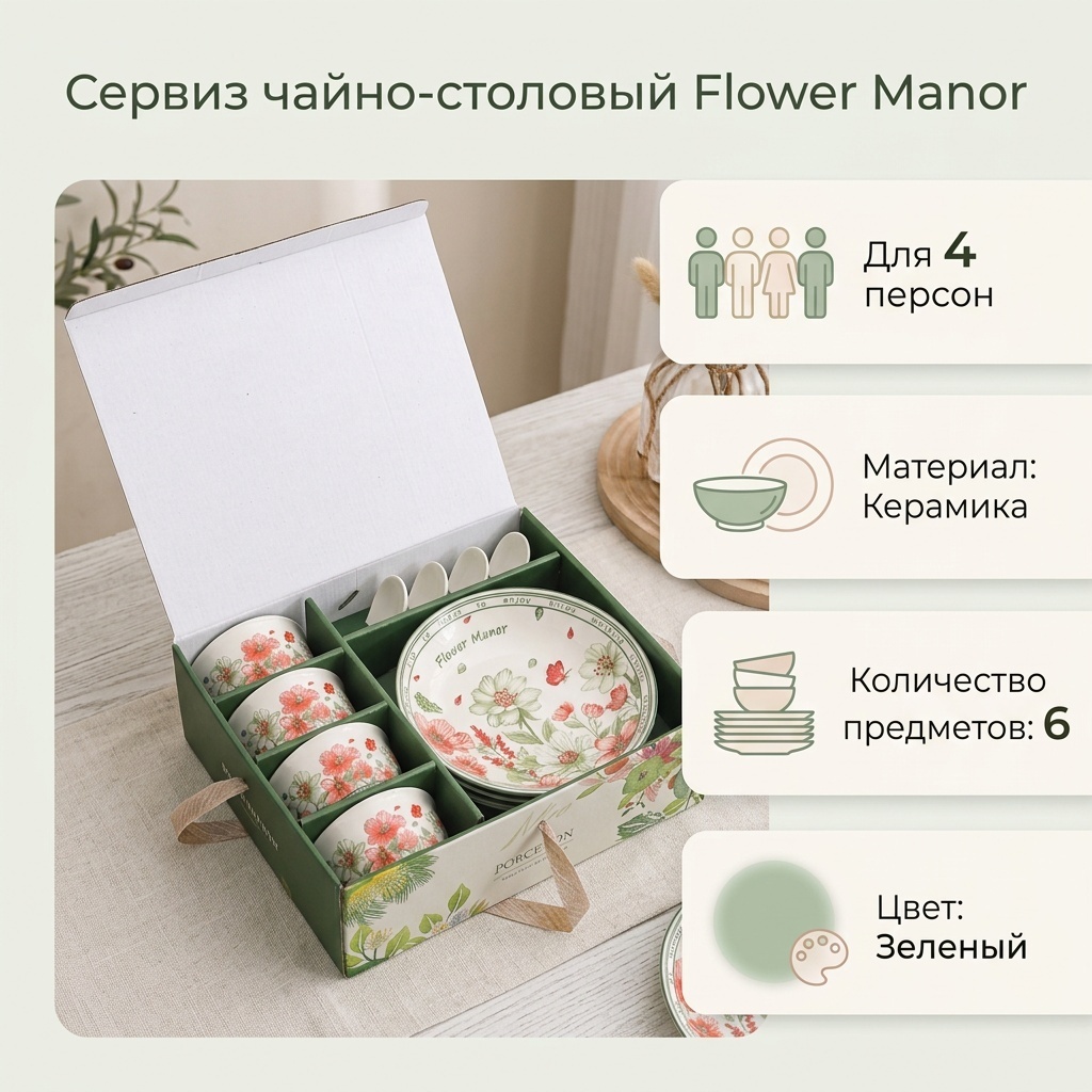 Сервиз на 4 персоны цветочный, предметов: 6, чайно-столовый, керамика