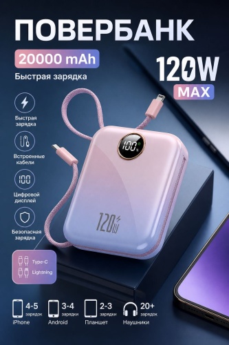 Внешний аккумулятор 120W Power Bank 20000 мАч 120 Вт розовый