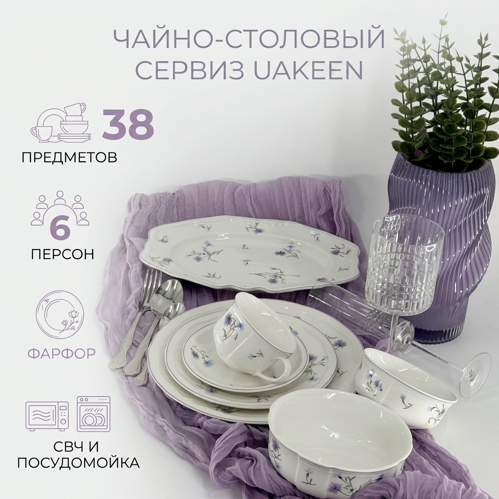 Сервиз на 6 персон Uakeen цветочный, предметов: 38, чайно-столовый, фарфор