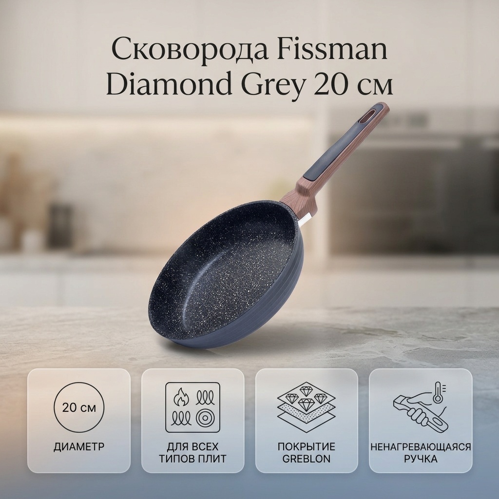 Сковорода Fissman Diamond Grey 20 см с антипригарным покрытием, алюминий