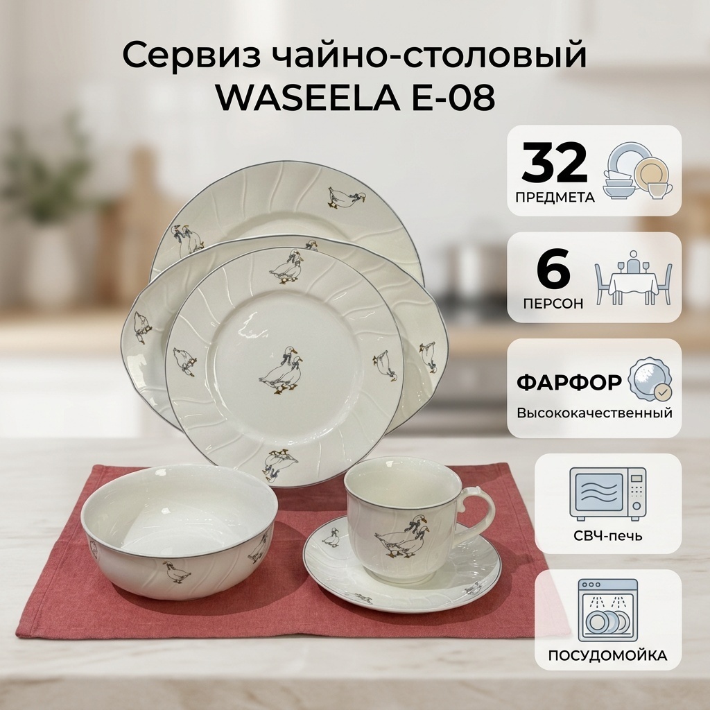 Сервиз на 6 персон WASEELA Чешский гусь, предметов: 32, чайно-столовый, фарфор