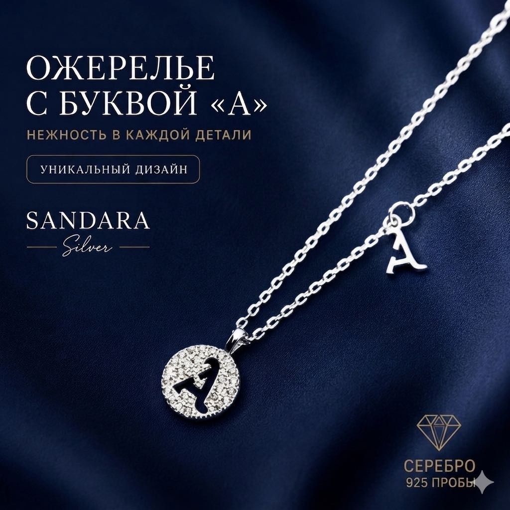Колье SANDARA silver Буква А KA001 длина 45 см вес 3 г серебро, цирконий