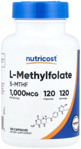 Аминокислота Nutricost L-метилфолат, 1000 мкг, 120 капсул нейтральный