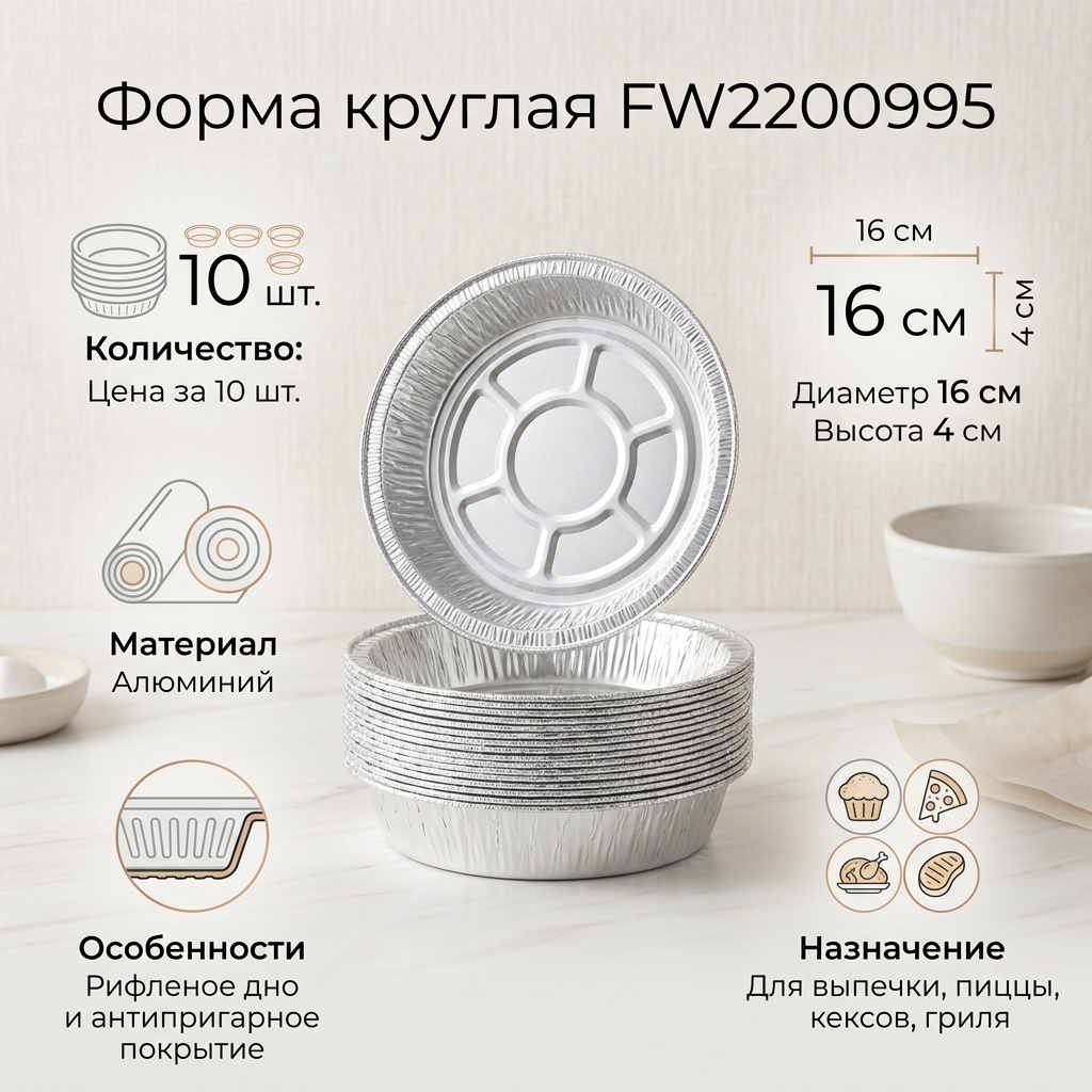 Форма для выпечки, для запекания, для пиццы, для кексов, для гриля алюминий, 10 шт
