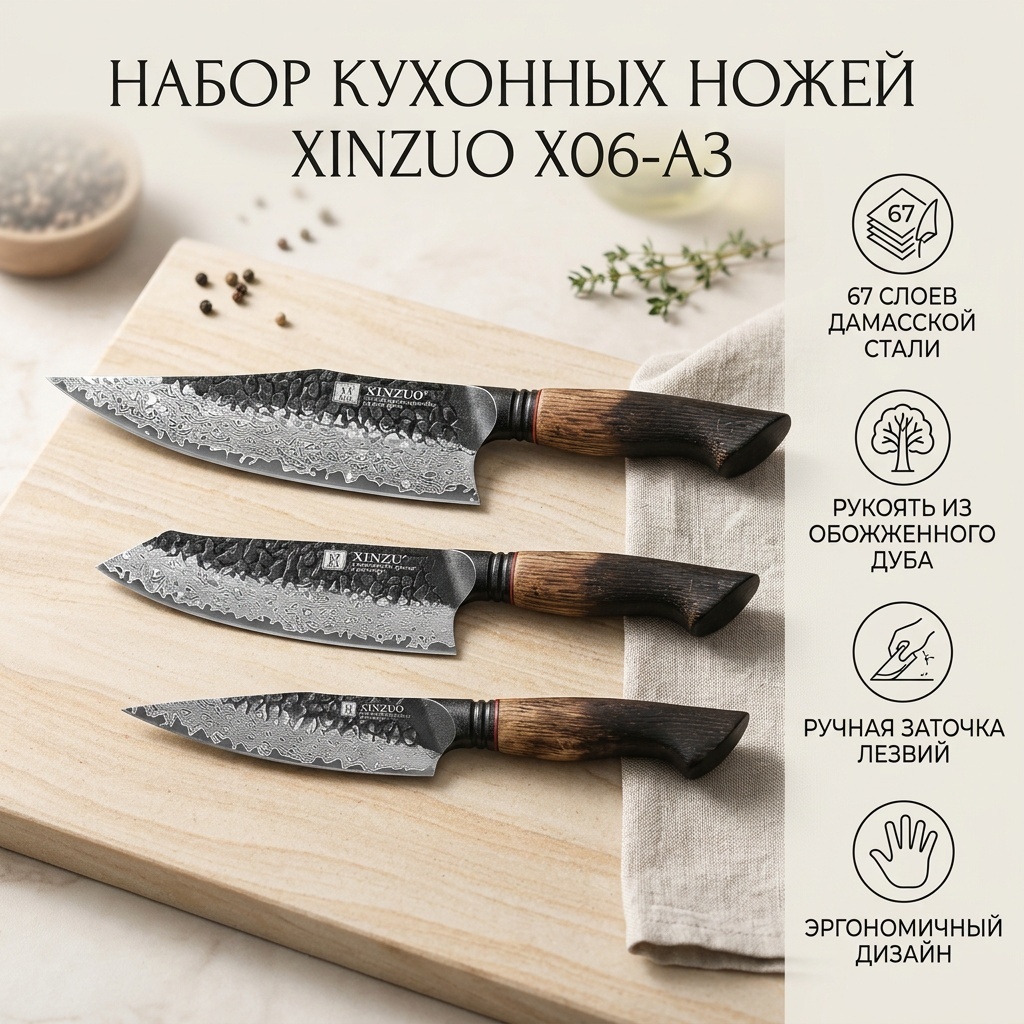 Набор ножей XINZUO X06-A3, лезвие: дамасская сталь 3 шт