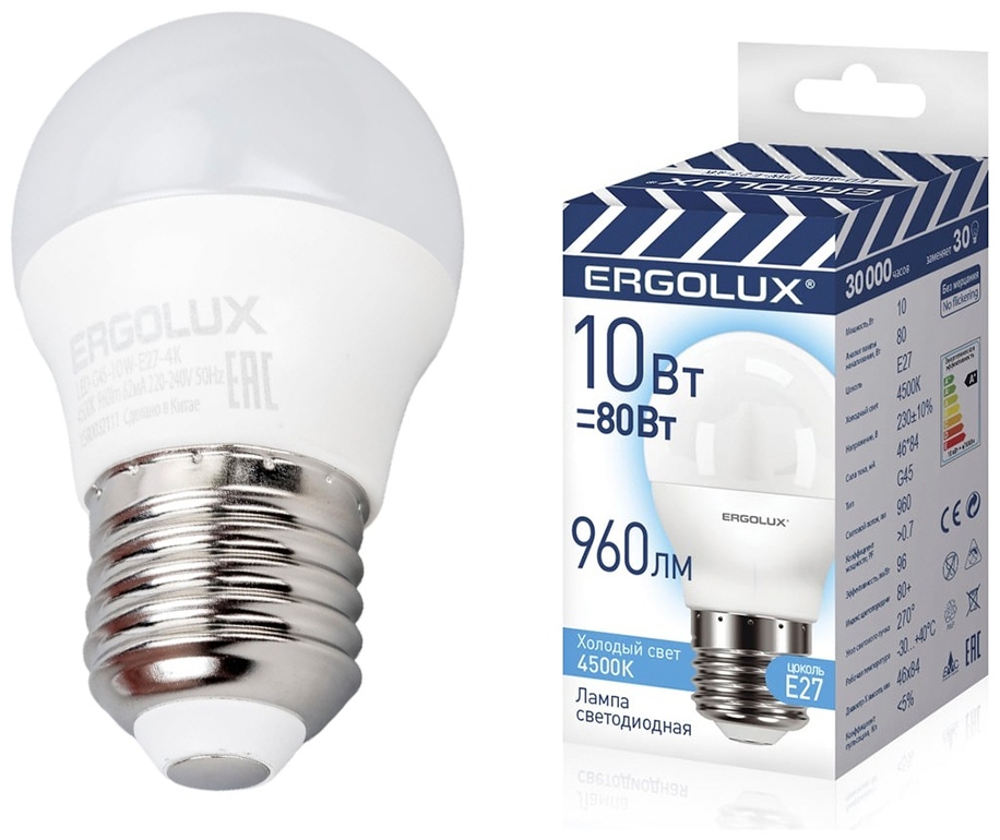 Ergolux 10W E27, светодиодная, дневной белый