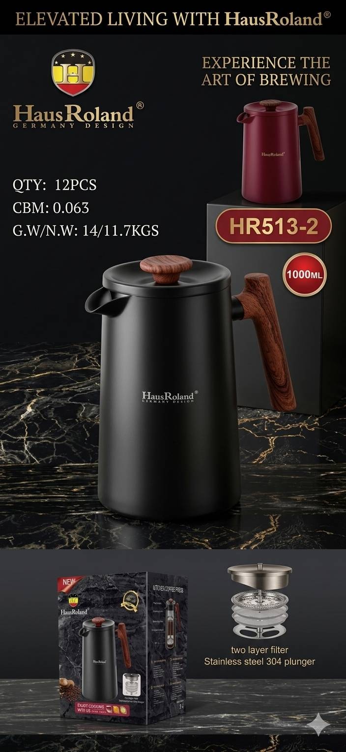 Френч-пресс Haus Roland HausRoland HR513-2 1000 мл, нержавеющая сталь