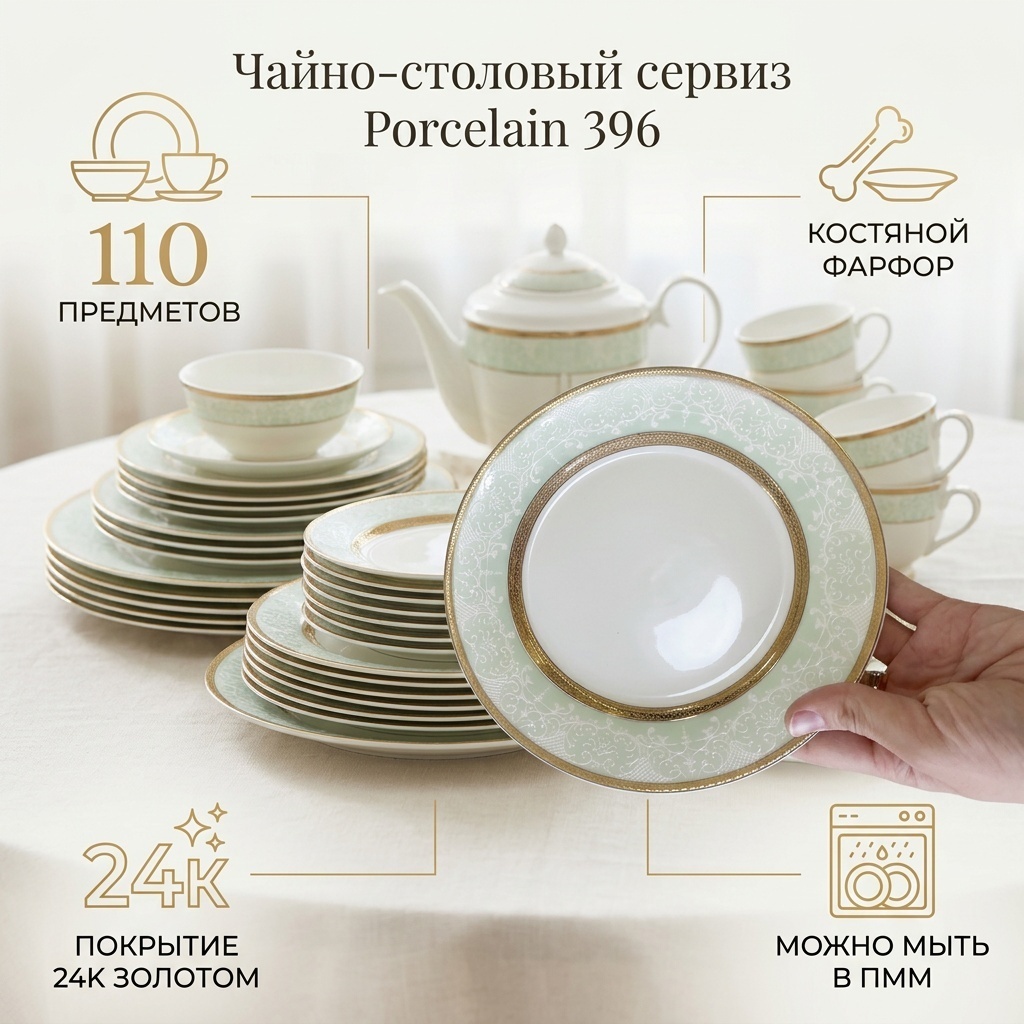 Сервиз на 12 персон Porcelain , предметов: 110, чайно-столовый, костяной фарфор