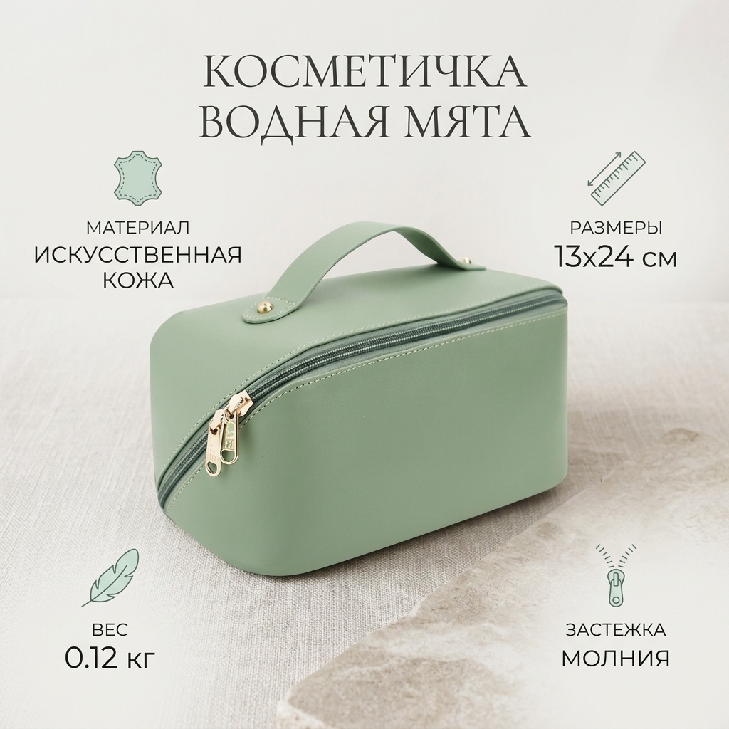 Косметичка искусственная кожа зеленый 13X24 см