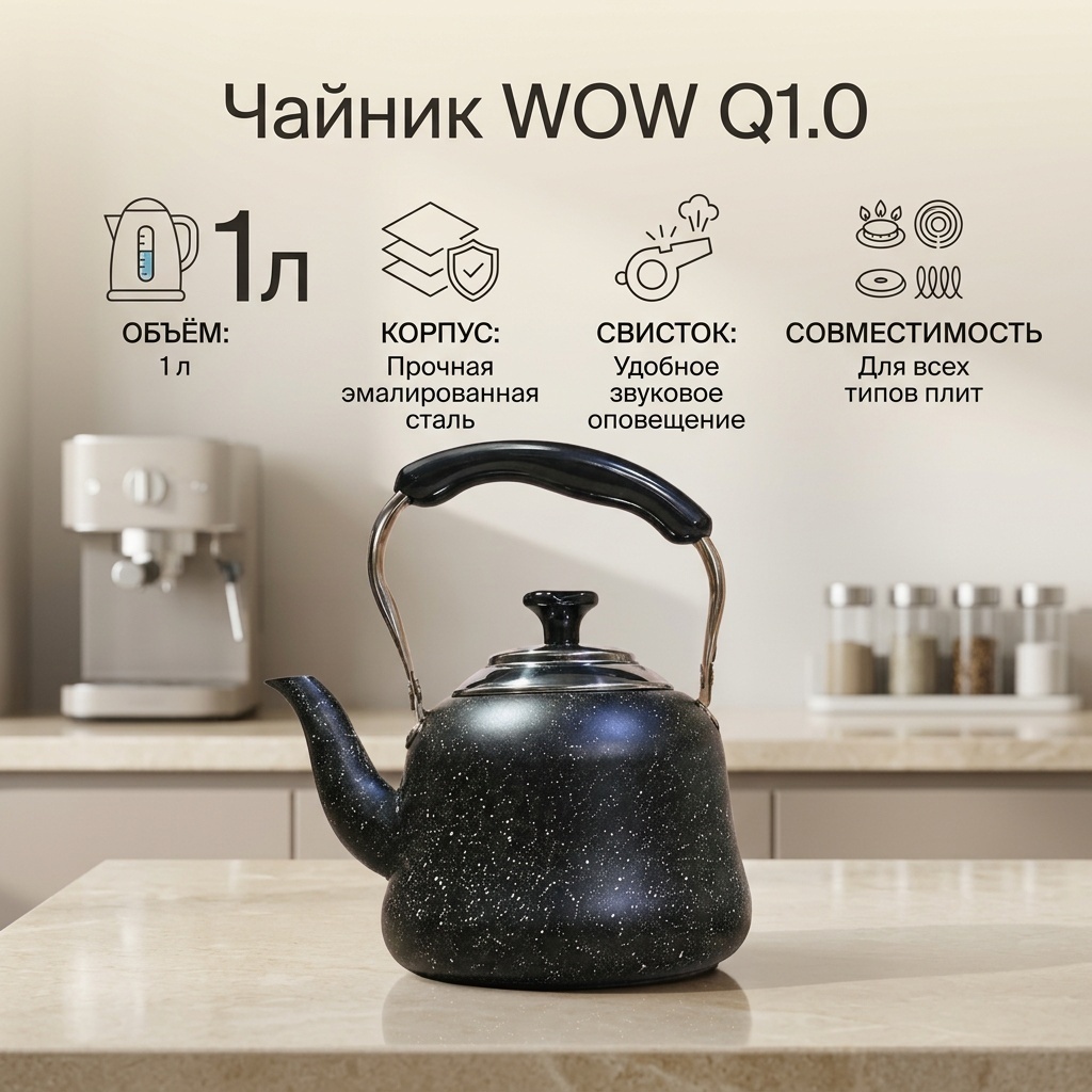 WOW чайник Q1.0-черный 1 л, нержавеющая сталь, эмаль