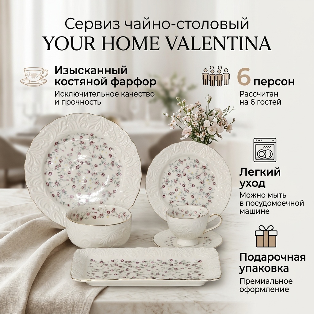 Сервиз на 6 персон YOUR HOME Цветы, предметов: 32, чайно-столовый, костяной фарфор