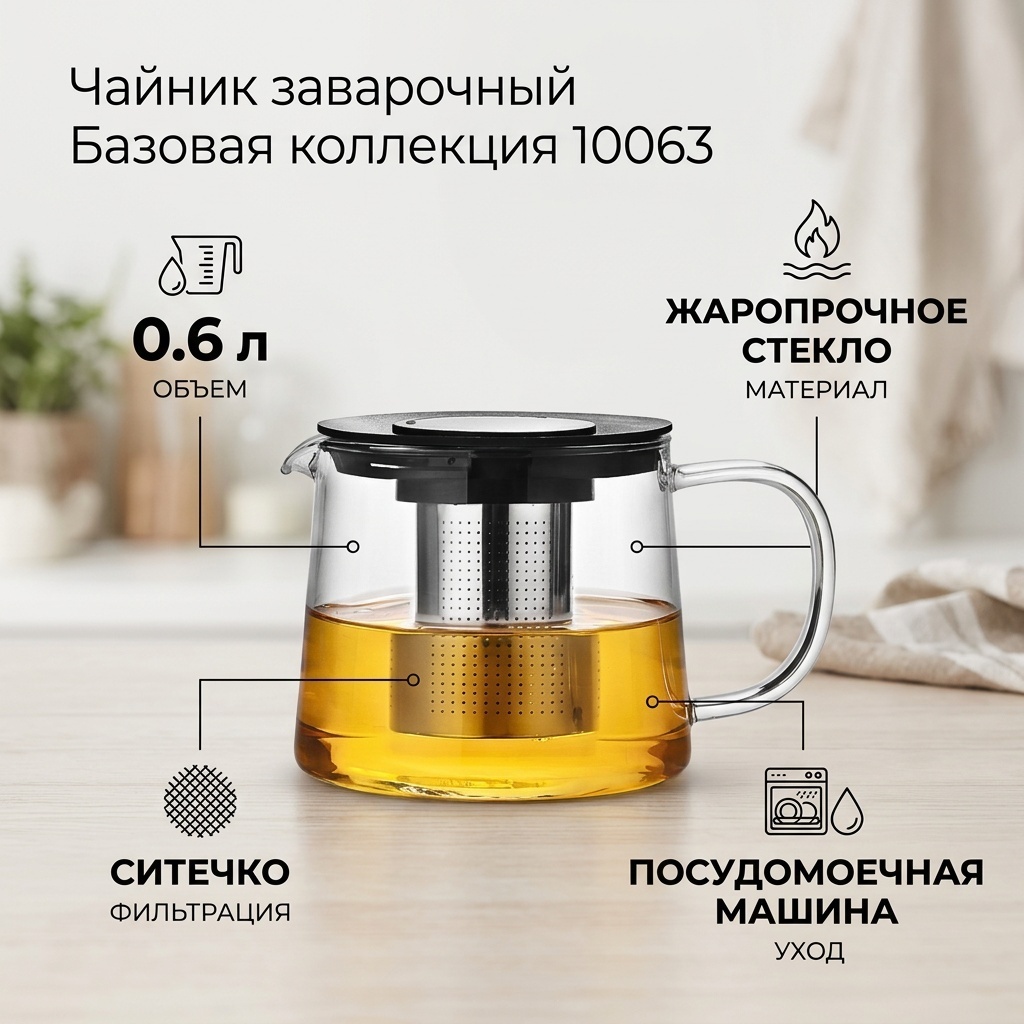 Чайник Базовая коллекция 10063 0.6 л, нержавеющая сталь, стекло, жаропрочное стекло, закаленное стекло