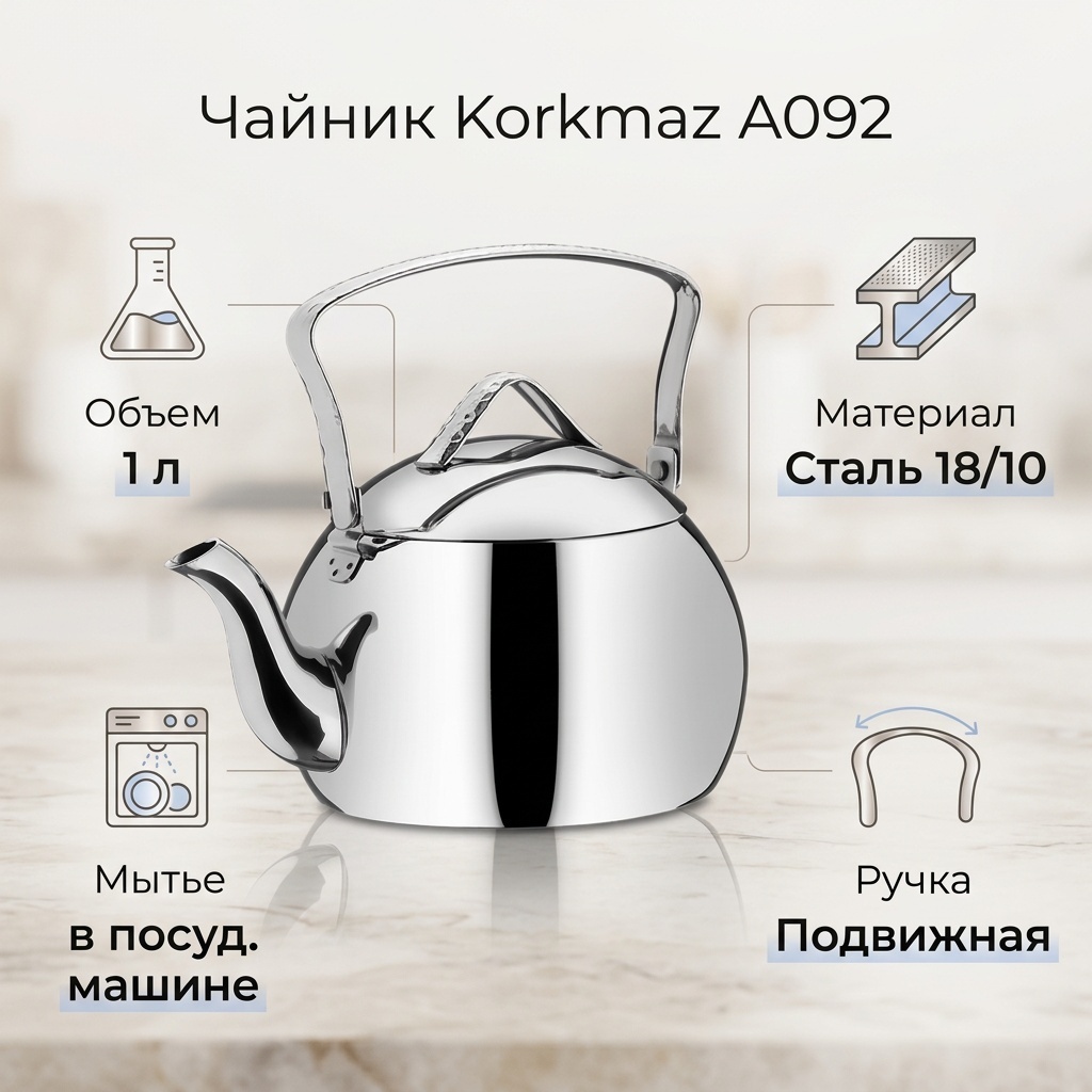 Чайник Korkmaz A092 1 л, нержавеющая сталь