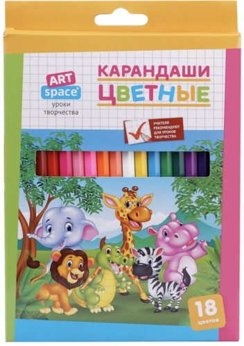Карандаши цветные ArtSpace "Зверята", 18цв., заточен., картон, европодвес