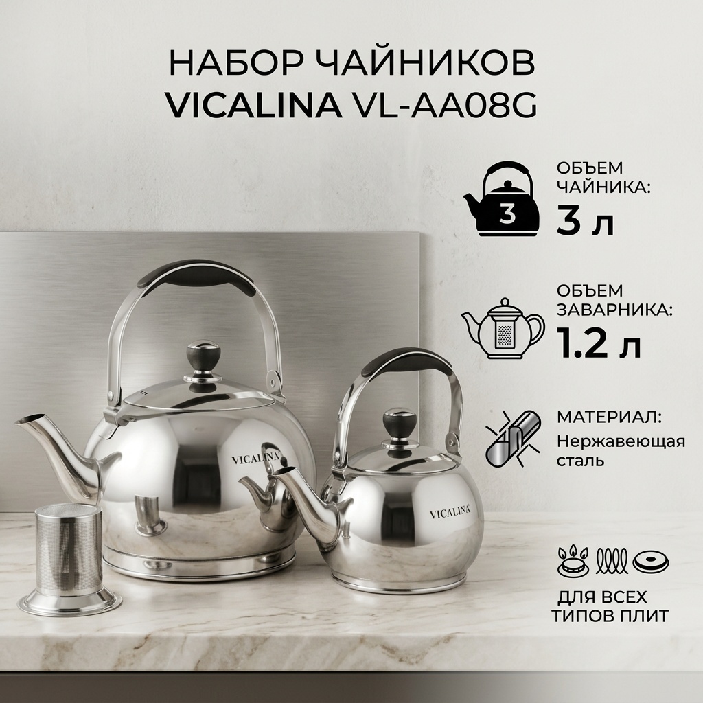 Vicalina набор чайников VL-AA08G 3 л, нержавеющая сталь