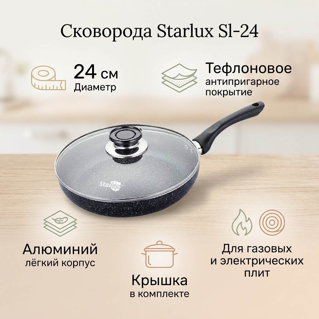 Сковорода Starlux Sl-24 24 см с антипригарным покрытием, алюминий