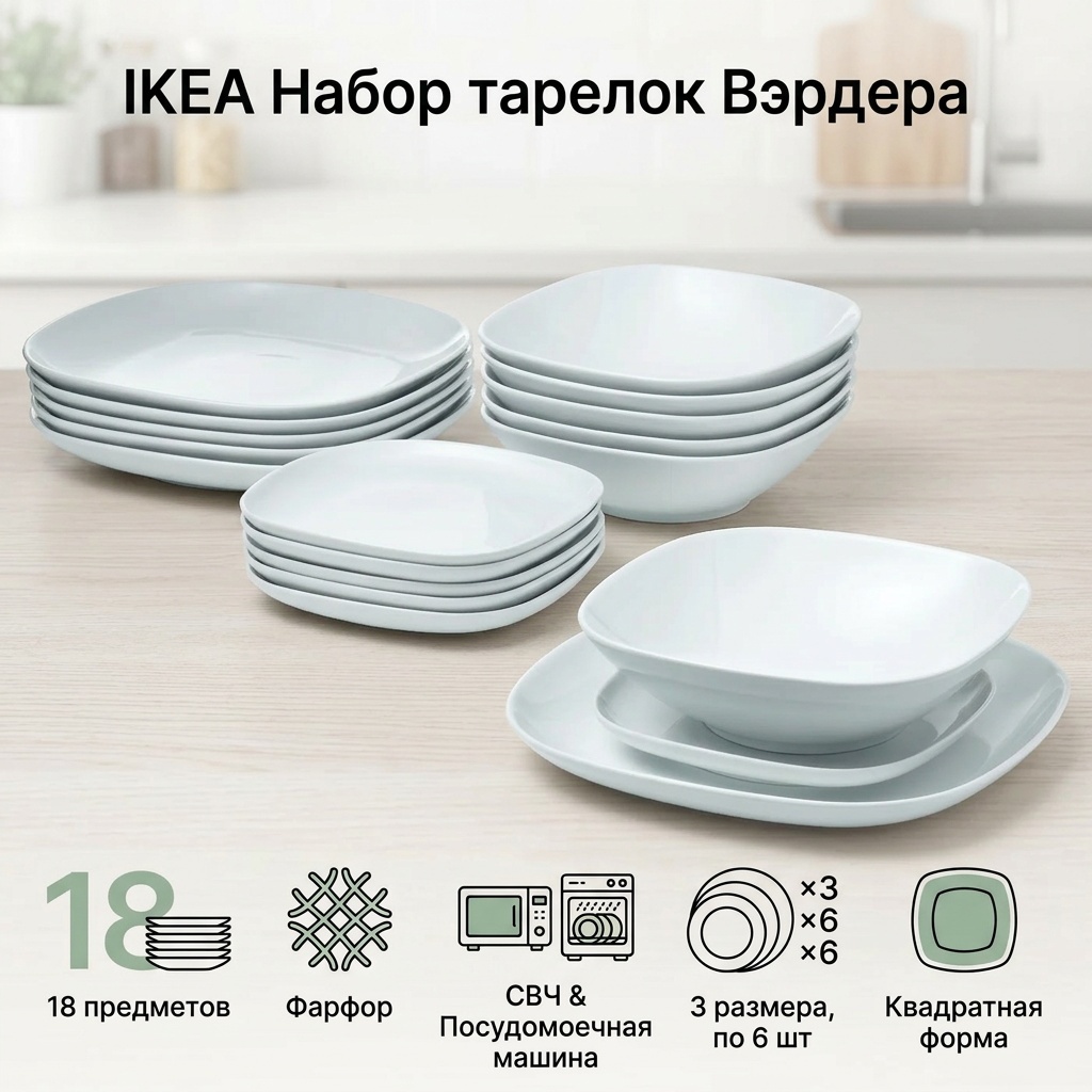 Набор тарелок IKEA 25x25 см, 18 шт, фарфор