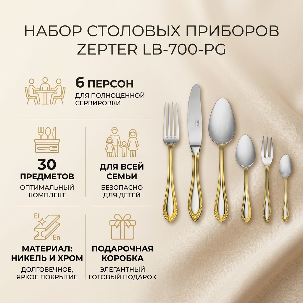 Набор столовых приборов Zepter 30 шт, золотистый, серый LB-700-PG