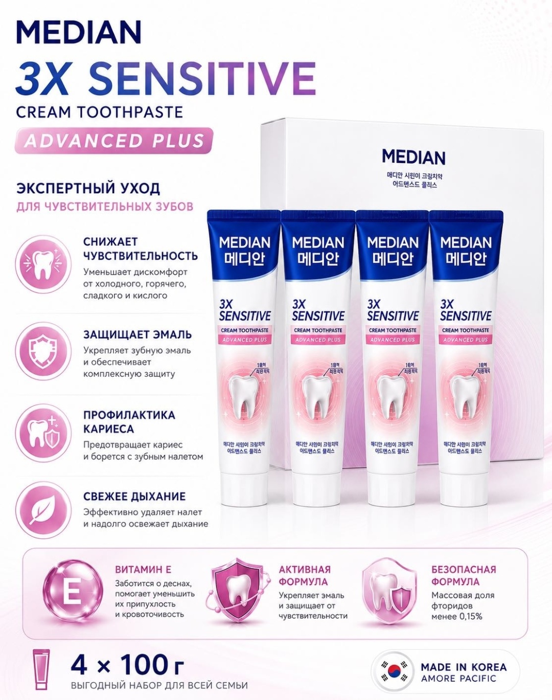 AMOREPACIFIC зубная паста Median 3X Sensitive Cream Toothpaste Advanced Plus 4 шт по 100 г