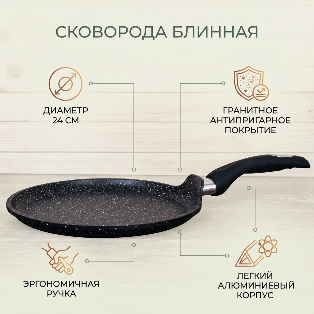 Блинная сковорода 24 см с антипригарным покрытием, алюминий