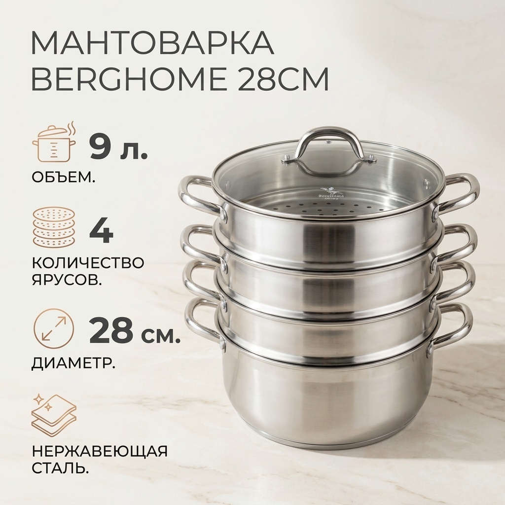 Мантоварка 9 л, Berghome нержавеющая сталь, количество ярусов: 4